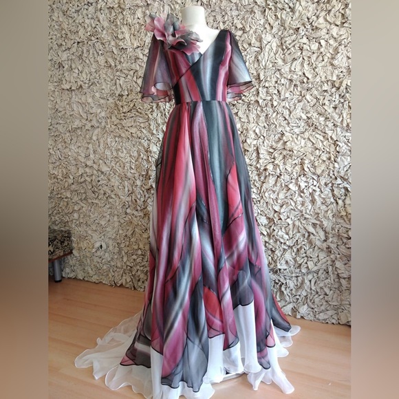 Custom made full length black/grey, red and white gown - Picture 2 of 10